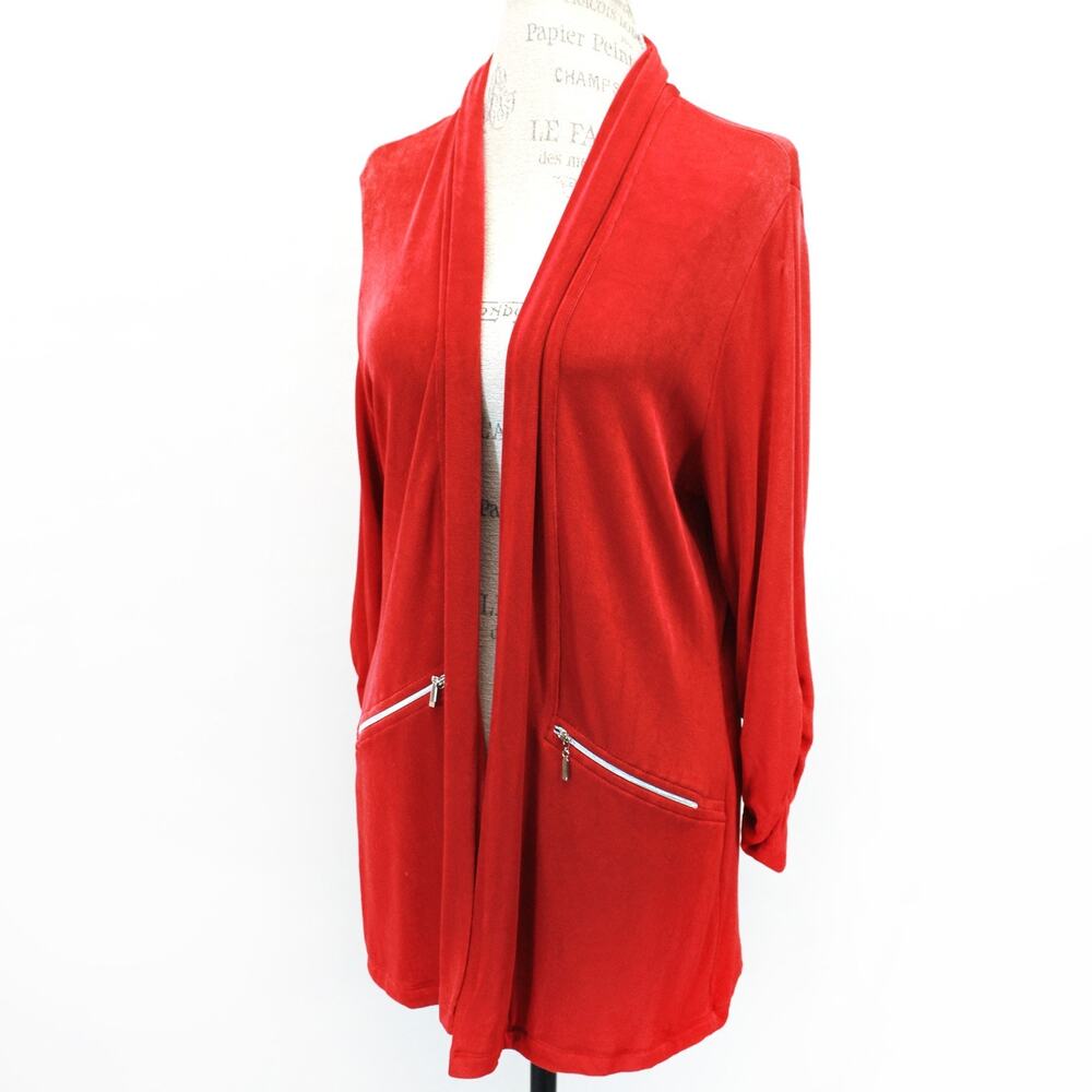 Travelevs by Chico's Red Sweater Cardigan Designed Zip Details Open Front Size 2